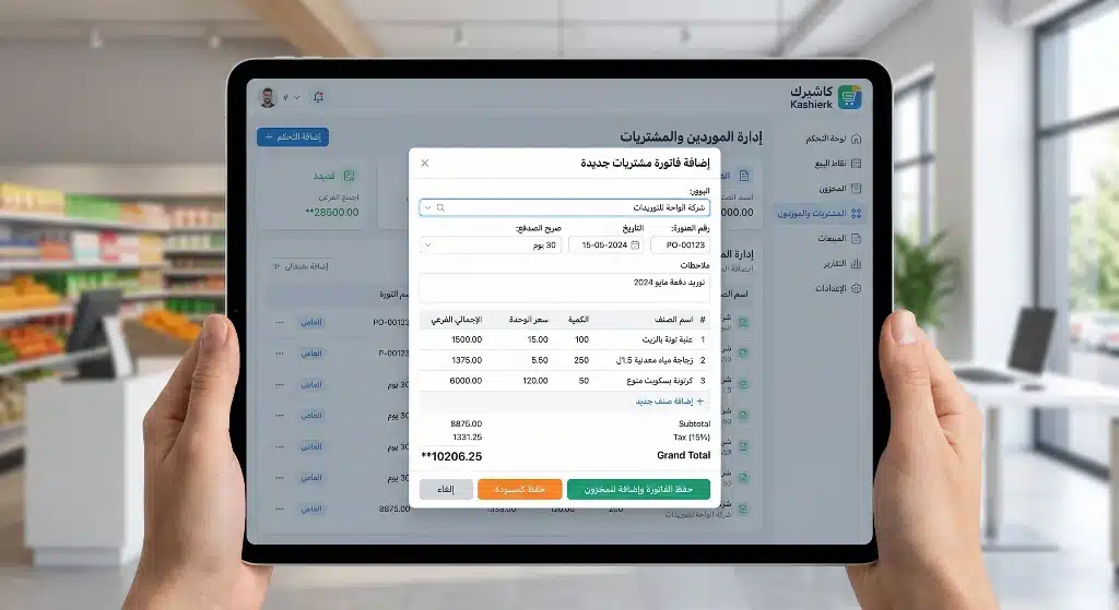 واجهة إدارة الموردين والمشتريات وإدخال الفواتير في برنامج كاشيرك.